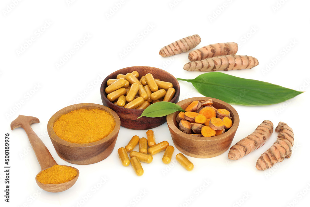 Turmeric herbal plant medicine and food seasoning with root, powder