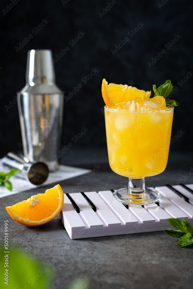 Screwdriver Cocktail with vodka, ice and orange juice. Homemade