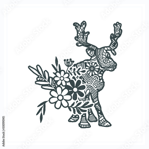 Reindeer Mandala with Flower. Vector, Line Art