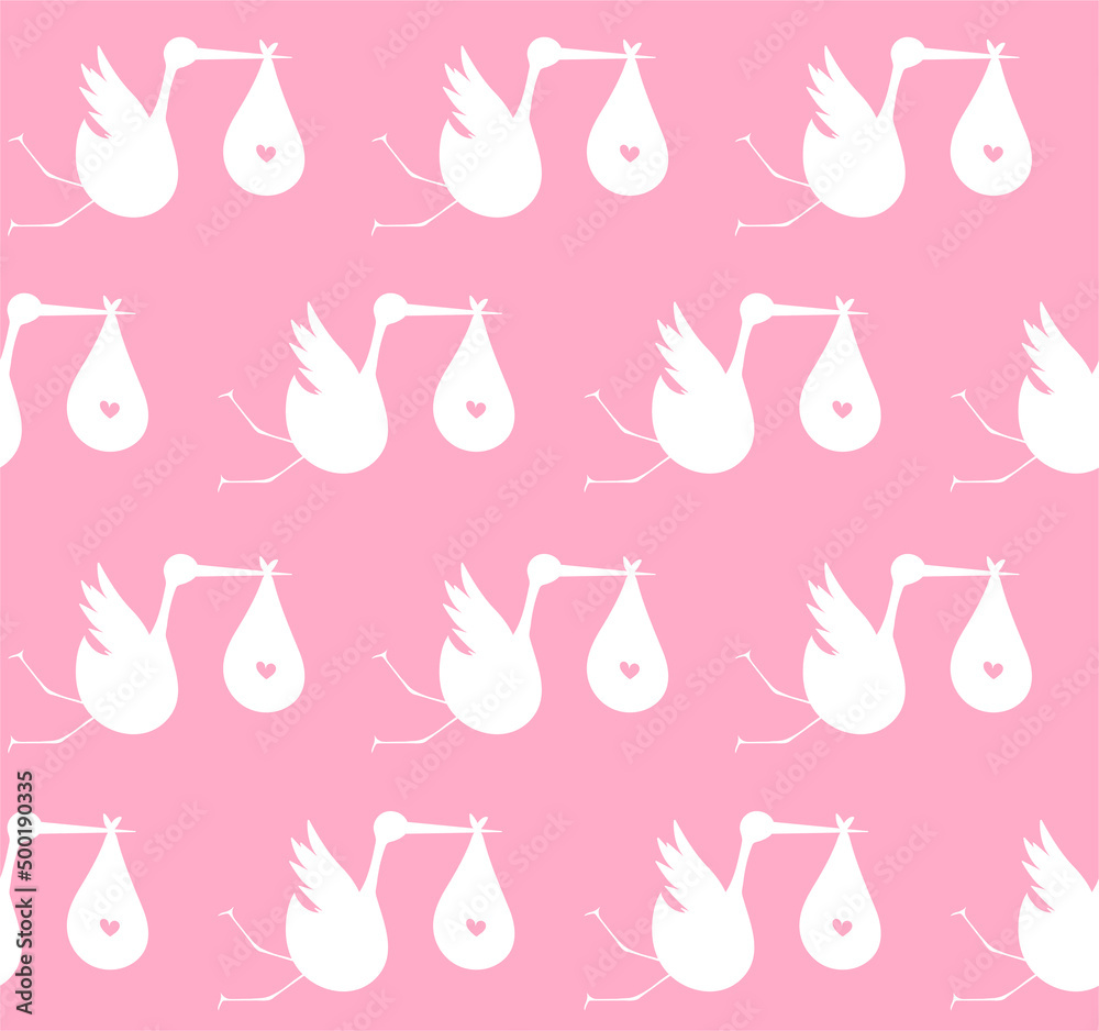 Seamless pattern with white storks on a pink background with baby girls. Suitable for wallpaper, wrapping or textile.	
