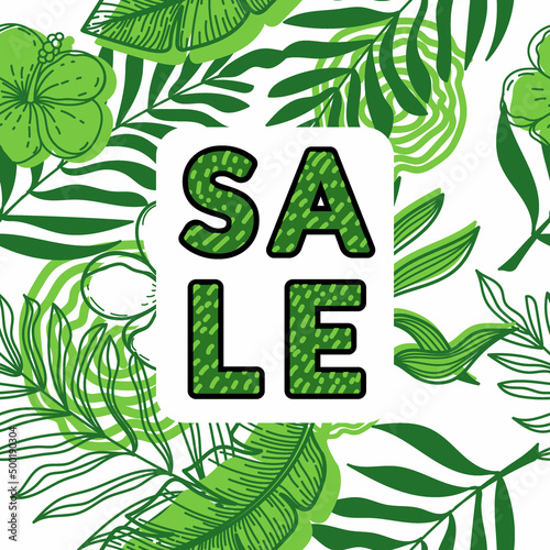 Discount banner, discount poster decorated with monochrome tropical leaves and strelitzia flowers. Tropical palm leaves, monster and hand-drawn sketch elements. Vector illustration.