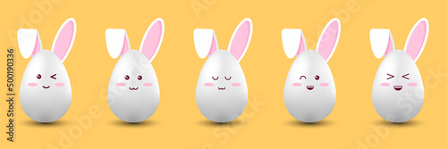 Happy Easter. Kawaii rabbit body 3d egg with various expressions of emotions laughter, calmness, winking, friendliness, begging, naivety, happiness, charm, embarrassment. On a yellow background.	