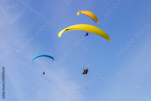 Paragliders flying in the clear sky