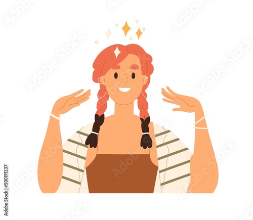 Happy inspired woman with ideas, insights. Excited positive creative person feeling inspiration, happiness, bliss. Enjoyment, love concept. Flat vector illustration isolated on white background