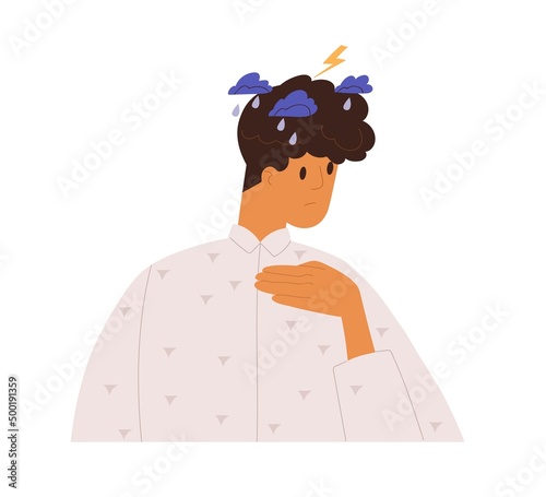 Sad person in depression under rain cloud, lightning. Unhappy depressed man in grief, sorrow, sadness. Psychology concept of crisis, frustration. Flat vector illustration isolated on white background