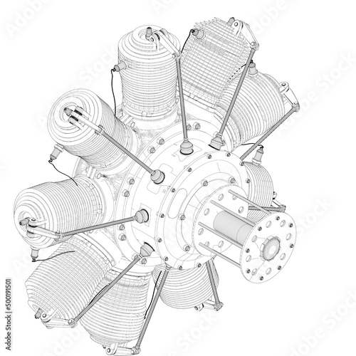 3d illustration. Airplane Rotary Engine from the time of the Great War