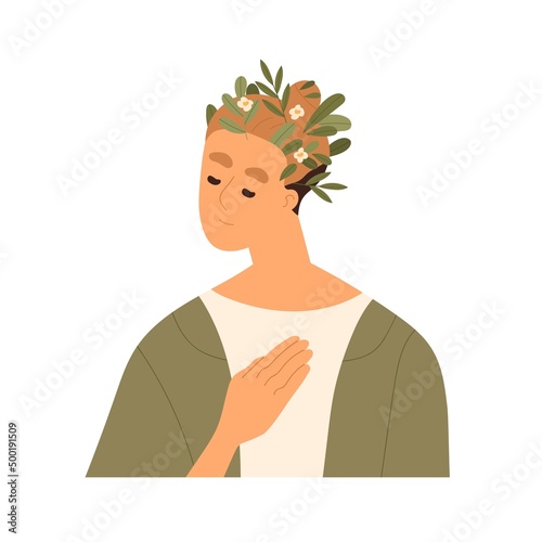 Woman head with plants and flowers. Psychology concept of good mental health. Healthy calm person. Happy female with positive mind. Psychological flat vector illustration isolated on white background