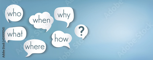 Valokuva Speech bubble with text questions Who What Where When Why How and question mark