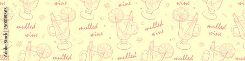 Seamless pattern of mulled wine cocktail in special glass. Hand drawn doodle style vector contour winter christmas holiday background and texture