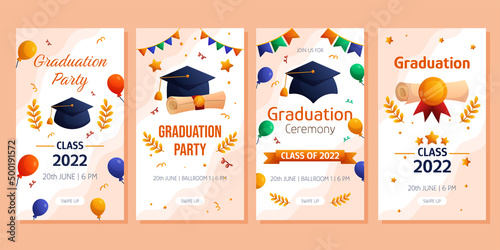 Graduation party and ceremony vertical social media template. Vector layout invitation template. Degree ceremony invite. Student greeting design.