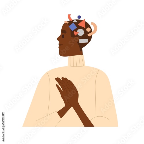 Analytical mindset, thoughts, cognition concept. Person analyzing, arranging information chaos, mess in mind. Woman with geometric puzzle in head. Flat vector illustration isolated on white background