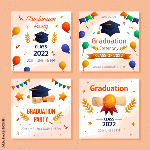 Graduation party and ceremony square social media template, set of four templates. Vector layout invitation template. Degree ceremony invite. Student greeting design.