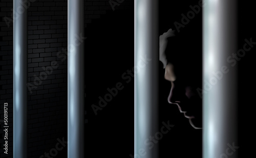 Dark background, prisoner and prison cell. In jail behind bars. Felony committed crime or bankrupt. Business criminal serve their sentence in locked prison. Darkness. Vector