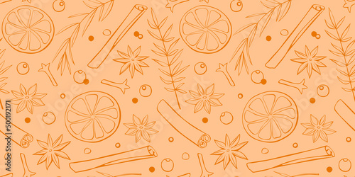 Vector seamless pattern of Christmas winter outline spices in doodle style. Xmas background or texture with seasonings. For desserts, hot mulled wine, homemade cookies, template of menu, recipes