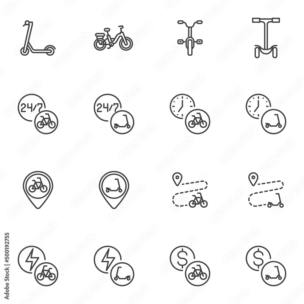 Electric transport sharing line icons set