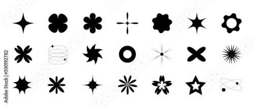 Collection of geometric shapes on white background. Abstract black color icon element of star  sparkling  flower  circle  shining stars. Icon graphic design for decoration  logo  business  ads.