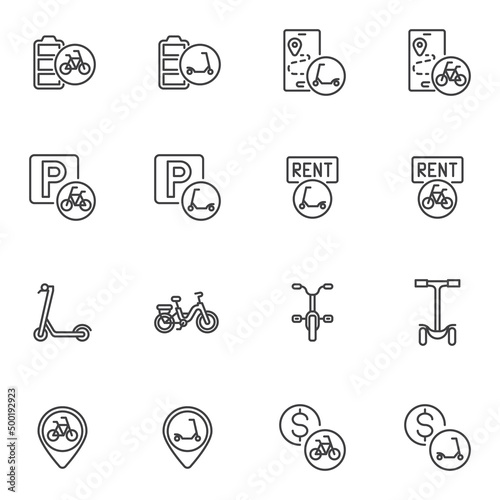 Bike and scooter rental line icons set