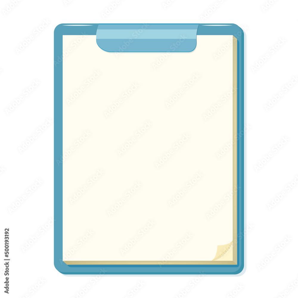 Note board with blank white paper. Notebook with clean sheet with curled corner. Note board with blank white paper. Notebook with clean sheet with curled corner.