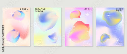 Abstract colorful gradient cover template. Set of poster design with hologram color, dynamic graphic, circle shape, dot pattern. Collection modern banners for flyer, business, ads, decoration, card.