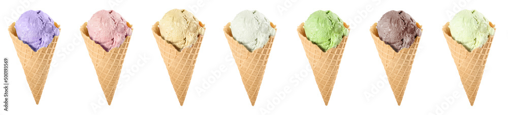 Set with different tasty ice creams in wafer cones on white background. Banner design Set with different tasty ice creams in wafer cones on white background. Banner design