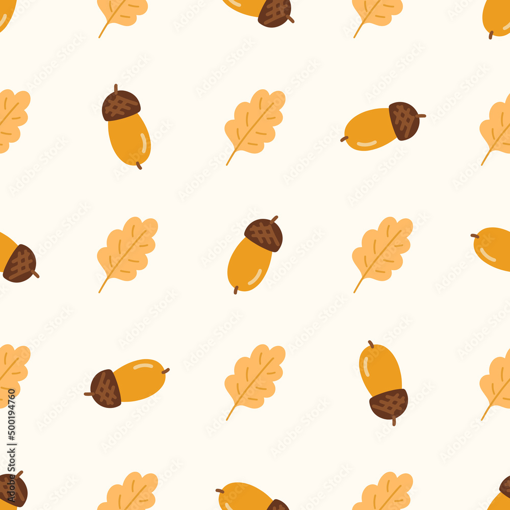 Oak Leaves and acorns cute seamless pattern. Vector illustration for fabric design, gift paper, baby clothes, textiles, cards.
