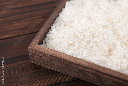 Japonica rice in wooden box