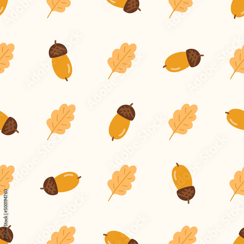 Oak Leaves and acorns cute seamless pattern. Vector illustration for fabric design, gift paper, baby clothes, textiles, cards.