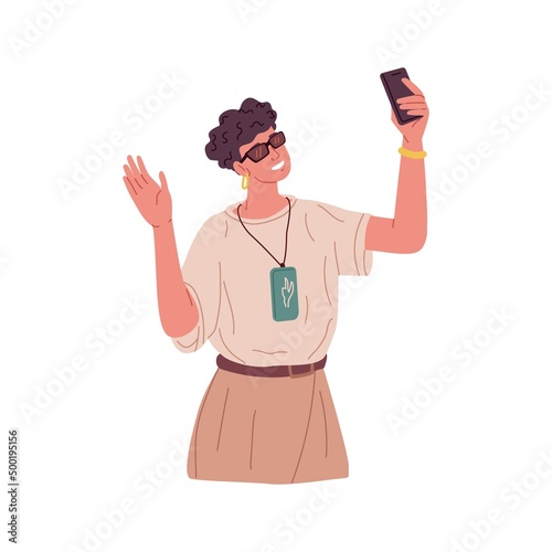Happy woman holding mobile phone in hand, greeting and talking to smb during online video call. Smiling person with smartphone saying hi. Flat graphic vector illustration isolated on white background