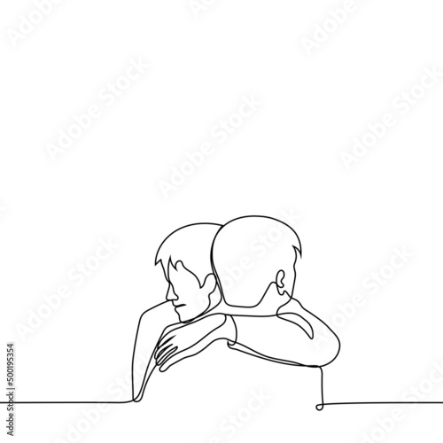 men hugging tightly - one line drawing vector. concept of emotional support, long-awaited meeting, farewell, hugging friends, brothers (family) or lovers