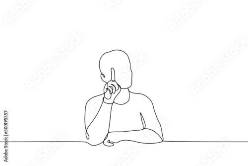 man showing index finger up - one line drawing vector. the concept of prohibition, protest, caution, focus