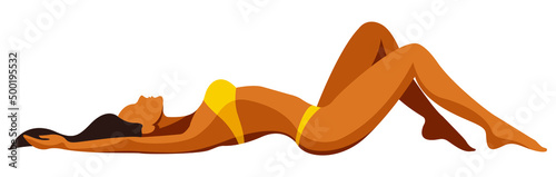 vector illustration on the theme of summer holidays. beautiful young tanned girl in a yellow bikini sunbathes on the beach with her hair scattered in the sand.useful for advertising tropical vacations