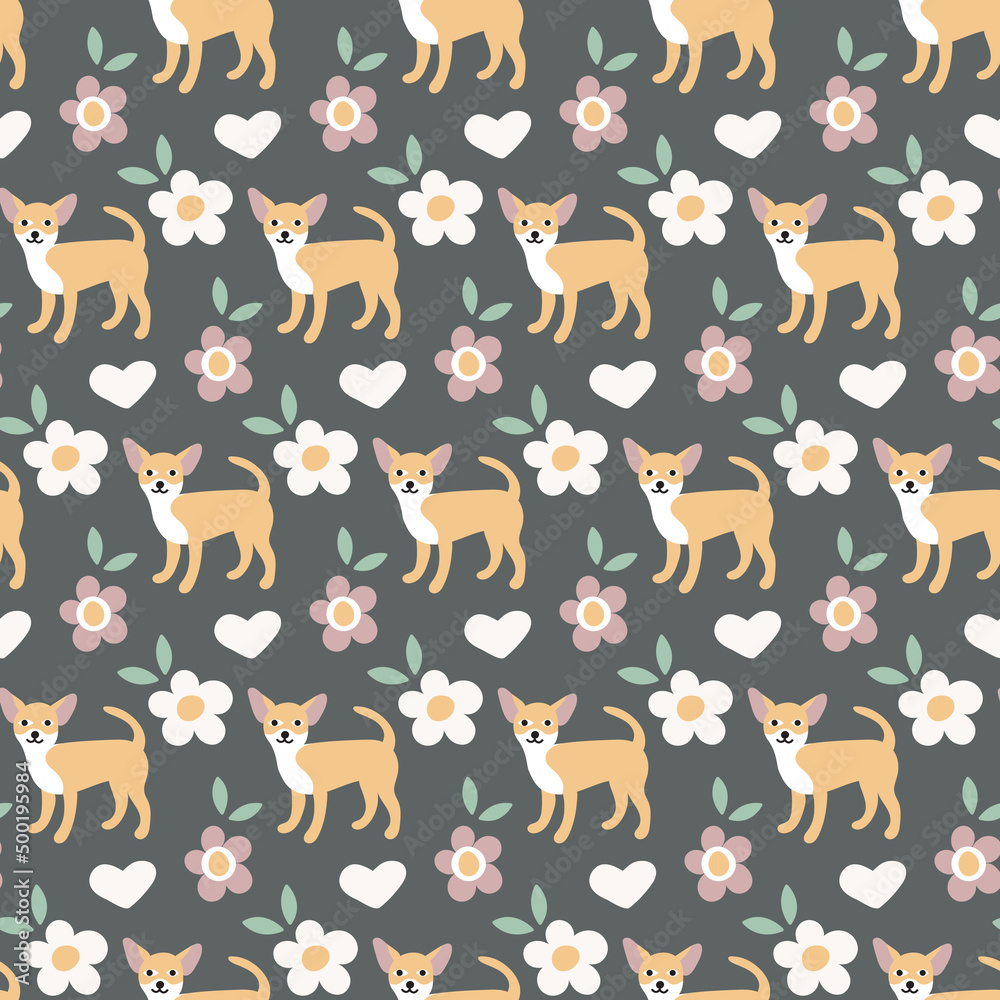 Fototapeta premium Sweet cute seamless repeat chihuahua dog puppy pet animal vector pattern on dark pastel background 
