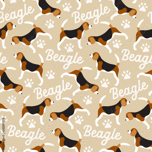 Sweet cute seamless repeat beagle dog puppy pet animal vector pattern on pastel beige background text paws