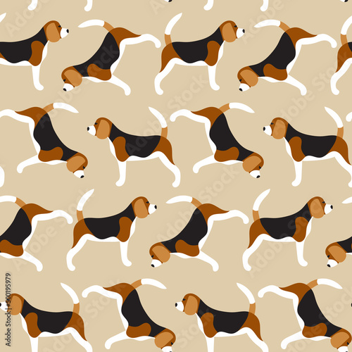 Sweet cute seamless repeat beagle dog puppy pet animal vector pattern on pastel beige neutral background 