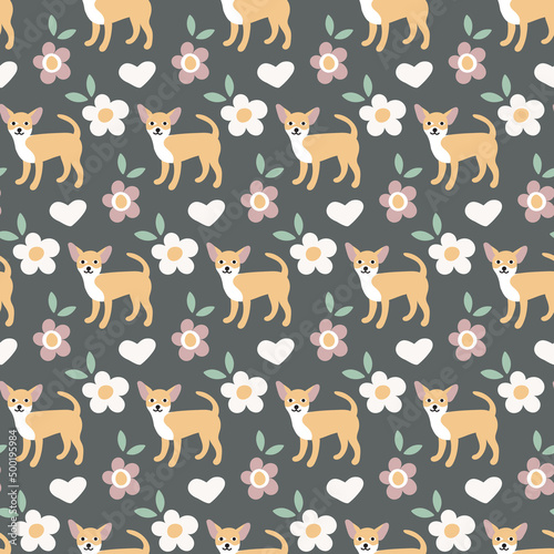 Fototapeta Naklejka Na Ścianę i Meble -  Sweet cute seamless repeat chihuahua dog puppy pet animal vector pattern on dark pastel background 