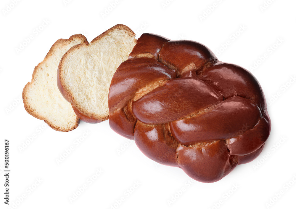 Cut homemade braided bread isolated on white, top view. Traditional Shabbat challah Cut homemade braided bread isolated on white, top view. Traditional Shabbat challah