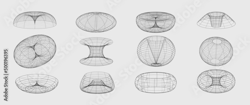 Fototapeta Naklejka Na Ścianę i Meble -  Collection of futuristic cyberpunk style elements. Geometric wireframe of circle, earth, distortion, grid with black color. Retro elements graphic perfect for decoration, business, cover, poster.