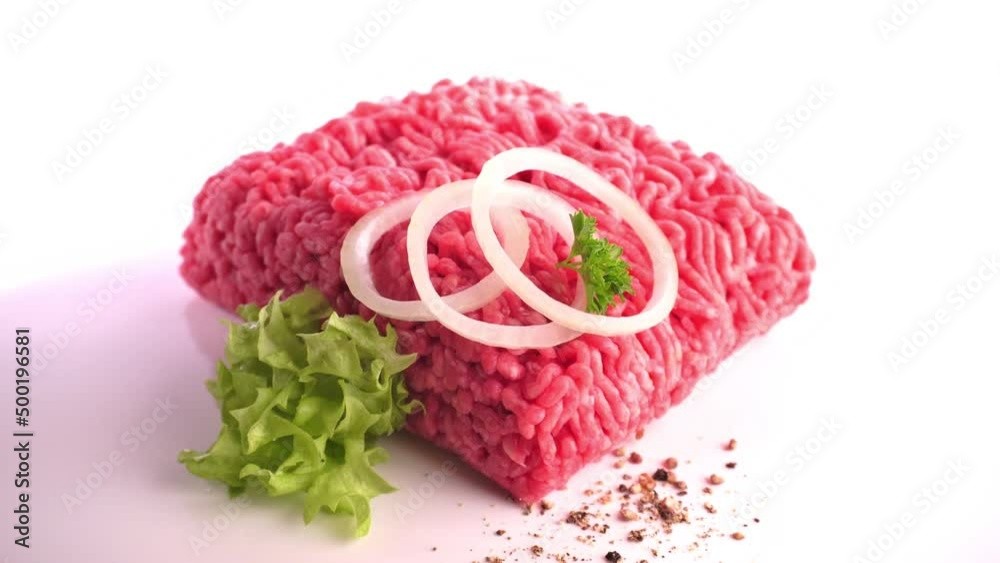 Minced Beef with Onions turn around animation - Ground Meat on a turntable isolated on white background Minced Beef with Onions turn around animation - Ground Meat on a turntable isolated on white background