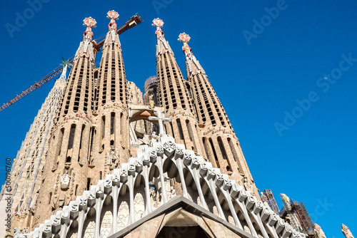 Unfinished Minor Basilica Sagrada Família in Barcelona. Beautiful Bellow View of European Architecture in Eixample.