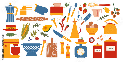Various kitchen utensils and household appliances. Accessories, tools and ingredients for cooking. Kitchenware. Vector hand drawn illustratration in flat cartoon style. All elements are isolated.