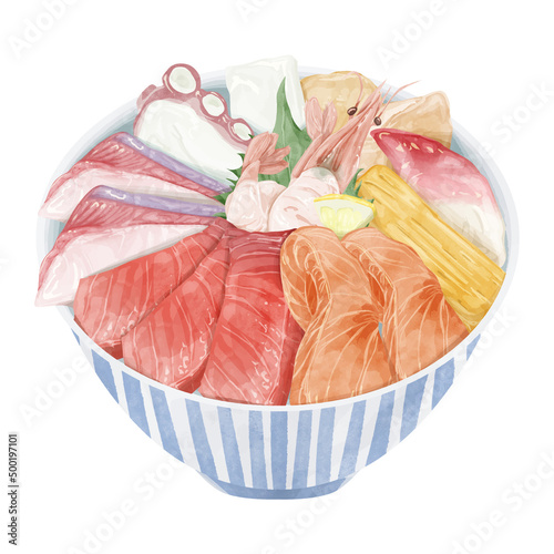 海鮮丼の手描き水彩イラスト