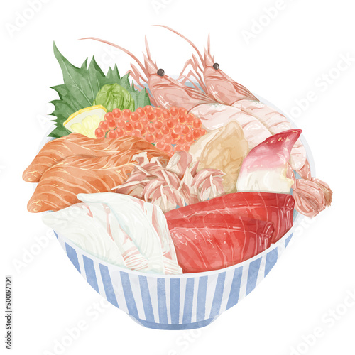 海鮮丼の手描き水彩イラスト