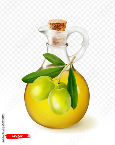Olive branch and olive oil bottle isolated. Realistic vector illustration of olive oil.