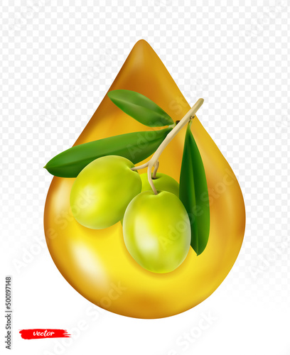 Olive oil drop isolated on transparent background. Realistic vector illustration of oil drop.