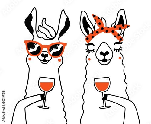 Vector illustration of llama and alpaca with glasses of red wine. Funny print design with animal, wall decoration paper