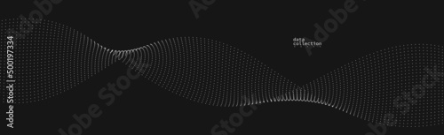 Grey dots in motion vector abstract background over black, particles array wavy flow, curve lines of points in movement, technology and science illustration.