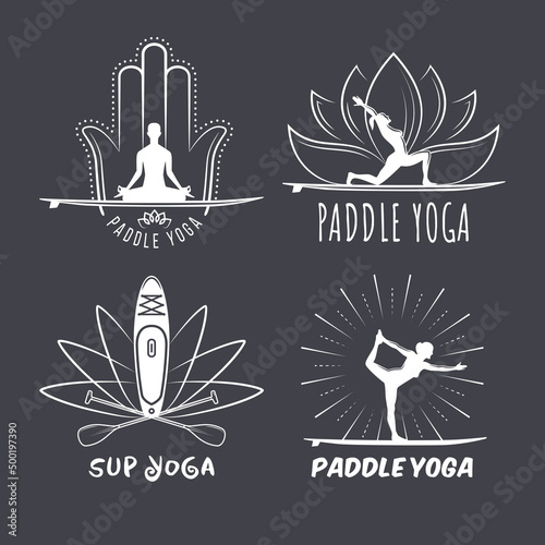 Paddle yoga badges. Set of vintage stand up paddle yoga logos with training people silhouettes and sup boards.	
