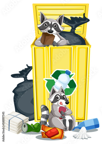 Trashcan full of dirty bags and plastic