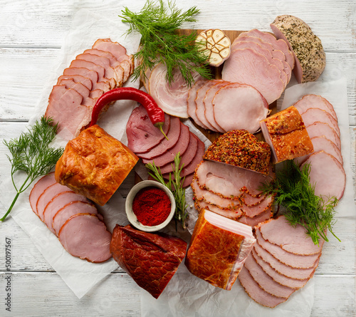 Different Meat  snack plate smoked top view pork bacom ham photo