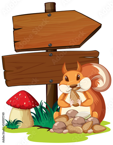 Wooden signs with cute squirrel in garden